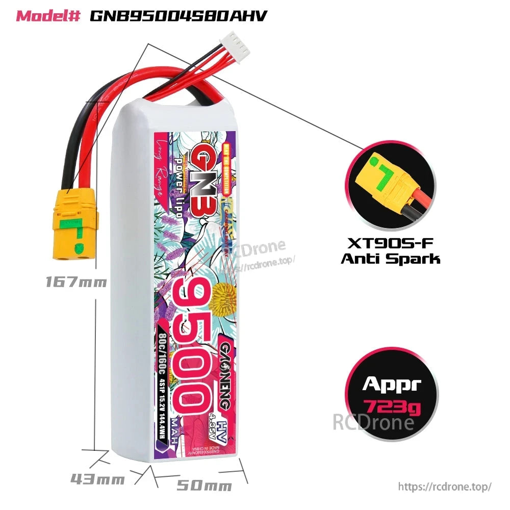 GNB95004S80AHV battery size chart with dimensions 167×50×43mm, XT90S-F anti-spark plug, 723g weight