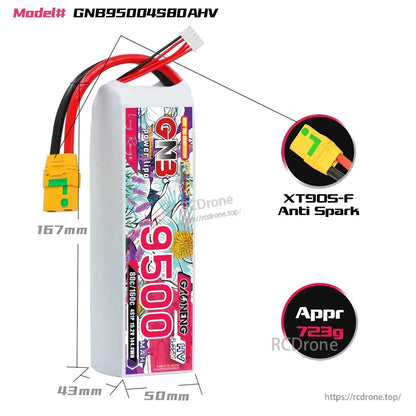 GNB95004S80AHV battery size chart with dimensions 167×50×43mm, XT90S-F anti-spark plug, 723g weight