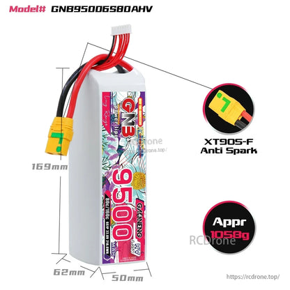 GNB95006S80AHV battery dimensions diagram with XT90S-F anti-spark connector close-up and weight