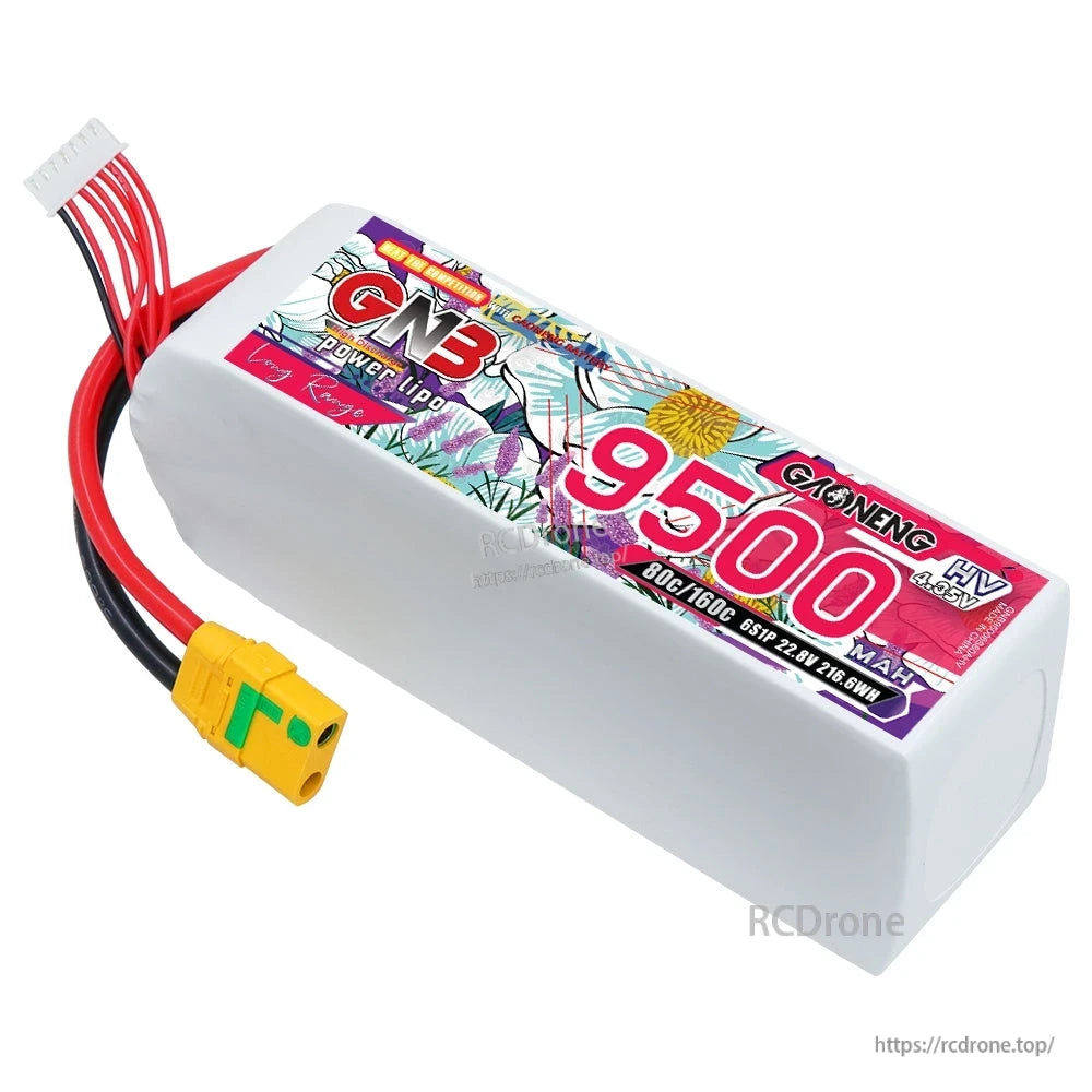 GAONENG GNB 6S 9500mAh LiHV LiPo battery angled view showing label and XT90S anti-spark connector