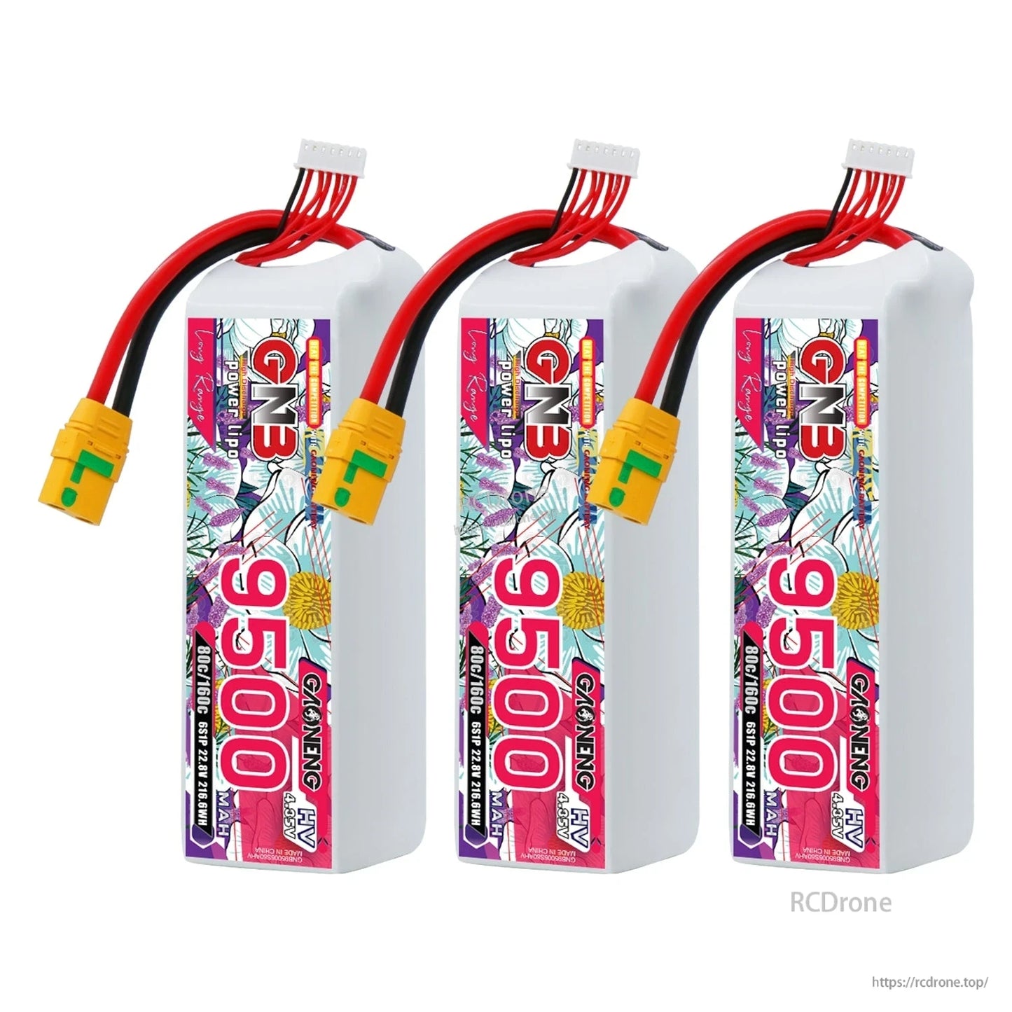 Three GNB 9500mAh LiHV LiPo batteries with XT90S anti-spark connectors shown upright