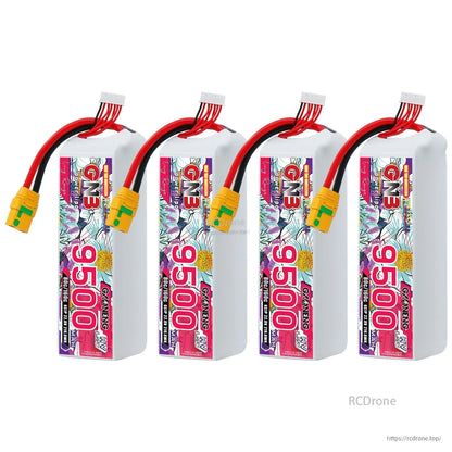 Four GNB 9500mAh LiHV LiPo batteries with XT90S anti-spark connectors shown upright