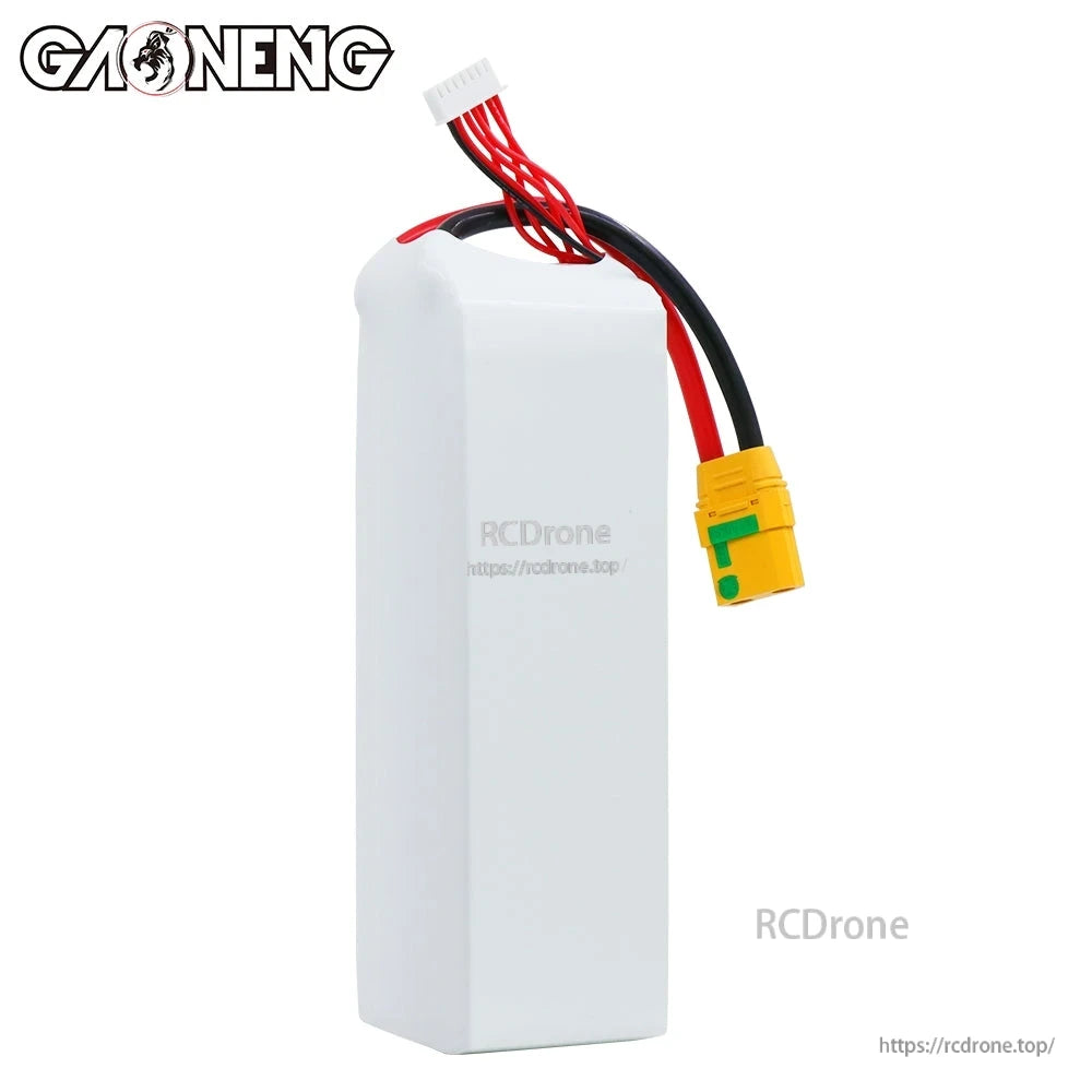 Side/back view of GAONENG 6S LiHV LiPo battery showing plain white heatshrink and XT90S lead