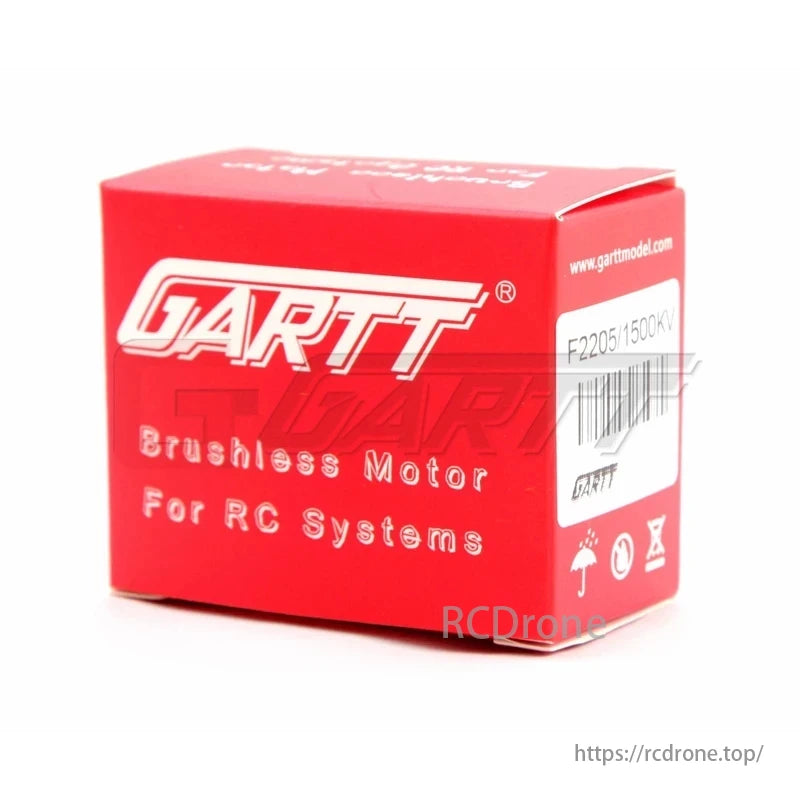 GARTT F2205 1500KV Brushless Outrunner Motor, GARTT F2205 1500KV brushless motor for RC systems, red packaging.