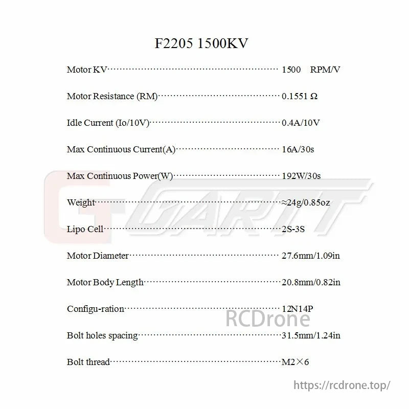 GARTT F2205 1500KV Brushless Outrunner Motor, F2205 1500KV motor: 1500 RPM/V, 0.1551 Ω, 0.4A idle, 16A max, 192W, 24g, 2S-3S Lipo, 27.6mm dia., 20.8mm len., 12N14P, 31.5mm bolt spacing, M2×6 thread.