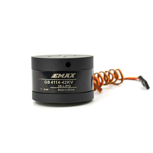 EMax GB4114 brushless motor side view with GB4114-42KV label and servo lead