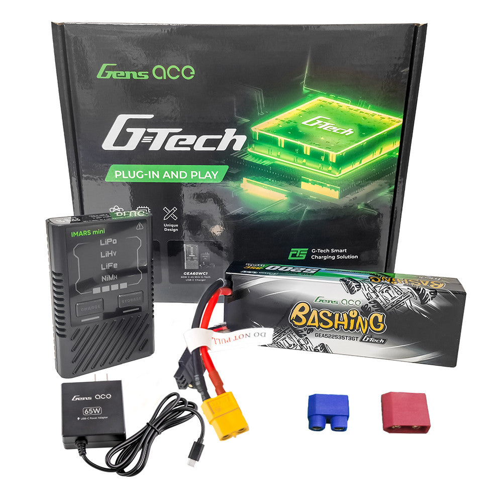 Gens ace G-Tech bundle with iMars mini charger, hardcase LiPo battery, USB-C power adapter, and plug adapters