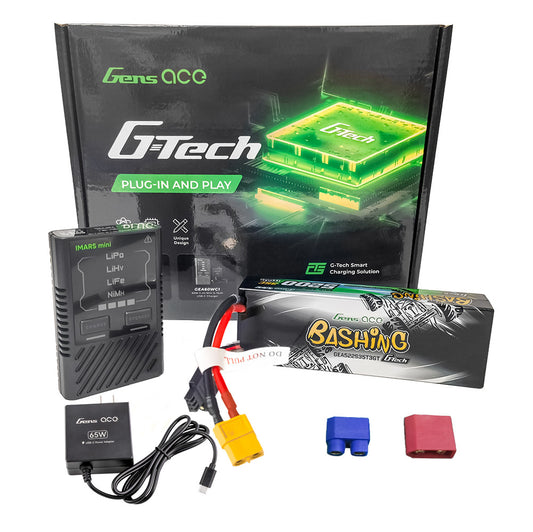 Gens ace G-Tech bundle with iMars mini charger, hardcase LiPo battery, USB-C power adapter, and plug adapters