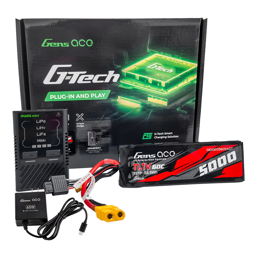 Gens ace G-Tech bundle with 11.1V 3S 5000mAh 60C LiPo battery (XT60) and iMars mini charger with cables