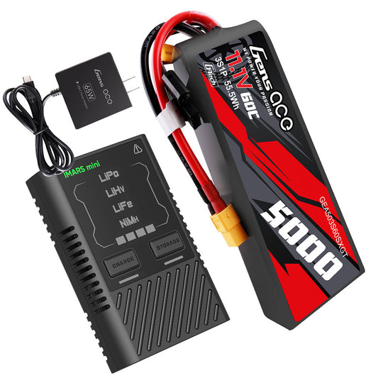 Gens ace 5000mAh 3S 11.1V 60C G-Tech LiPo with XT60 plug and iMars mini smart charger with AC adapter
