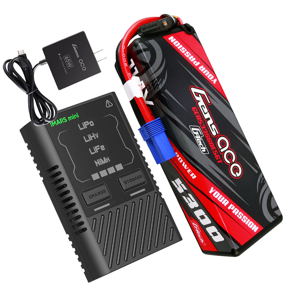 Gens ace G-Tech 3S hardcase LiPo battery with EC5 connector, plus iMars mini charger and power adapter