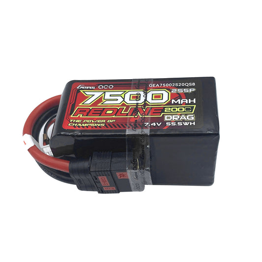 Gens ace Redline 7500mAh 7.4V 2S LiPo battery pack with QS8 connector and balance lead