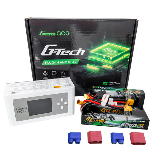 Gens ace bundle with iMars D300 charger, two 5200mAh 2S 7.4V 35C LiPo packs, and connector adapters