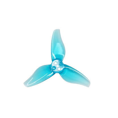 Single translucent blue 3-blade propeller with 5-hole hub, top view
