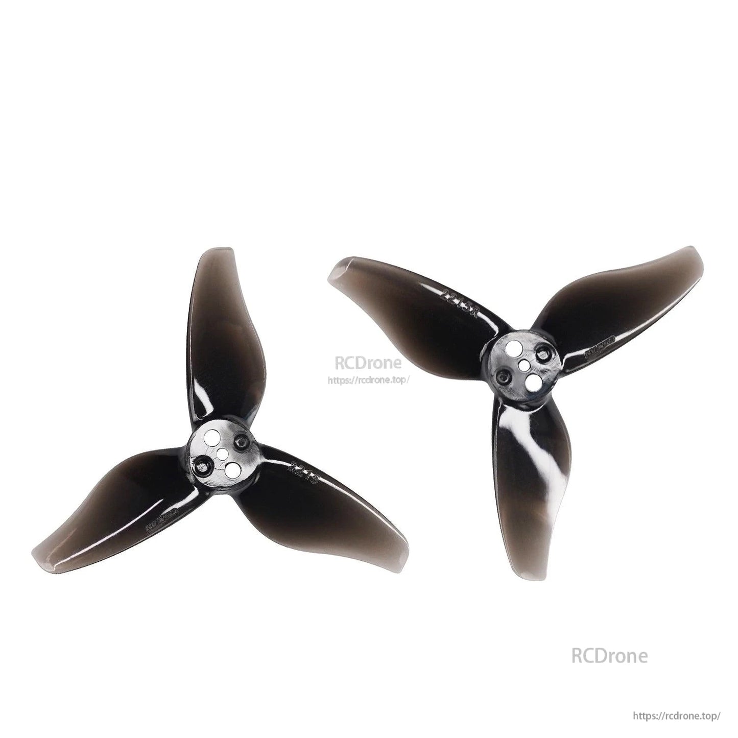 Two black 3-blade propellers set, glossy finish, top view