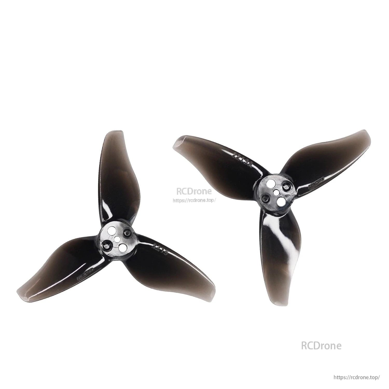 Two black 3-blade propellers set, glossy finish, top view