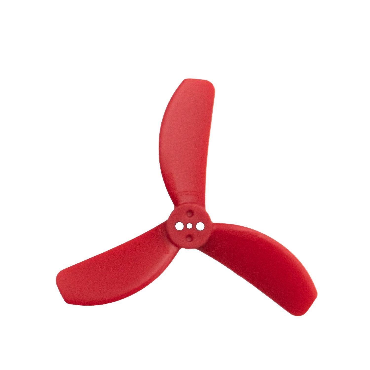 GEMFAN 2826 three-blade PC propeller in red, top view with 3-hole hub