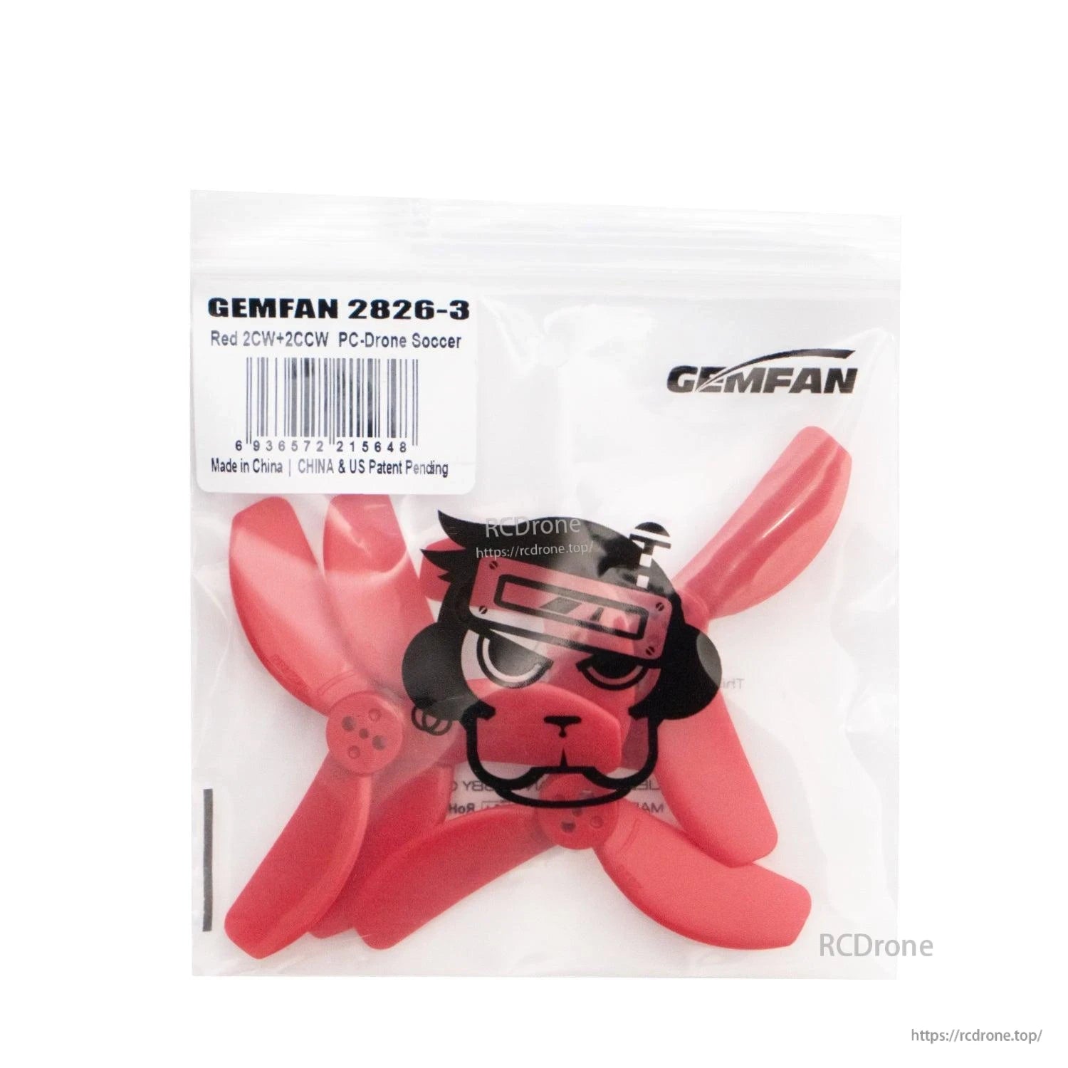 Retail bag showing GEMFAN 2826-3 red props, label reads 2CW+2CCW PC-Drone Soccer