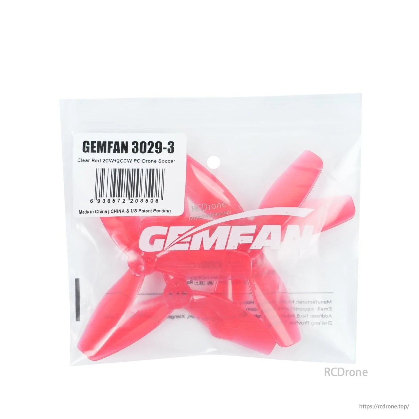 Sealed bag packaging labeled GEMFAN 3029-3 with red propellers visible inside