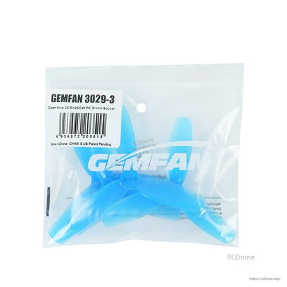 Sealed bag packaging labeled GEMFAN 3029-3, clear blue 2CW+2CCW PC Drone Soccer props
