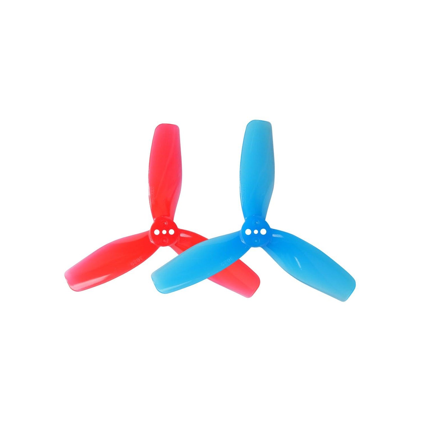 Red and blue 3-blade drone propellers side by side, three-hole mounting hub