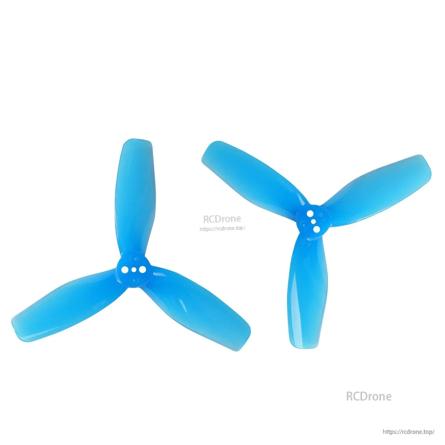 Two blue 3-blade propellers shown as a pair, three-hole hubs in different orientations