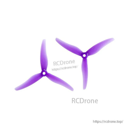 GEMFAN 51433-3 SEEKER 5 Drone Propeller, Two purple GEMFAN 51433-3 SEEKER 5 tri-blade drone propellers with three blades and center mounting hole