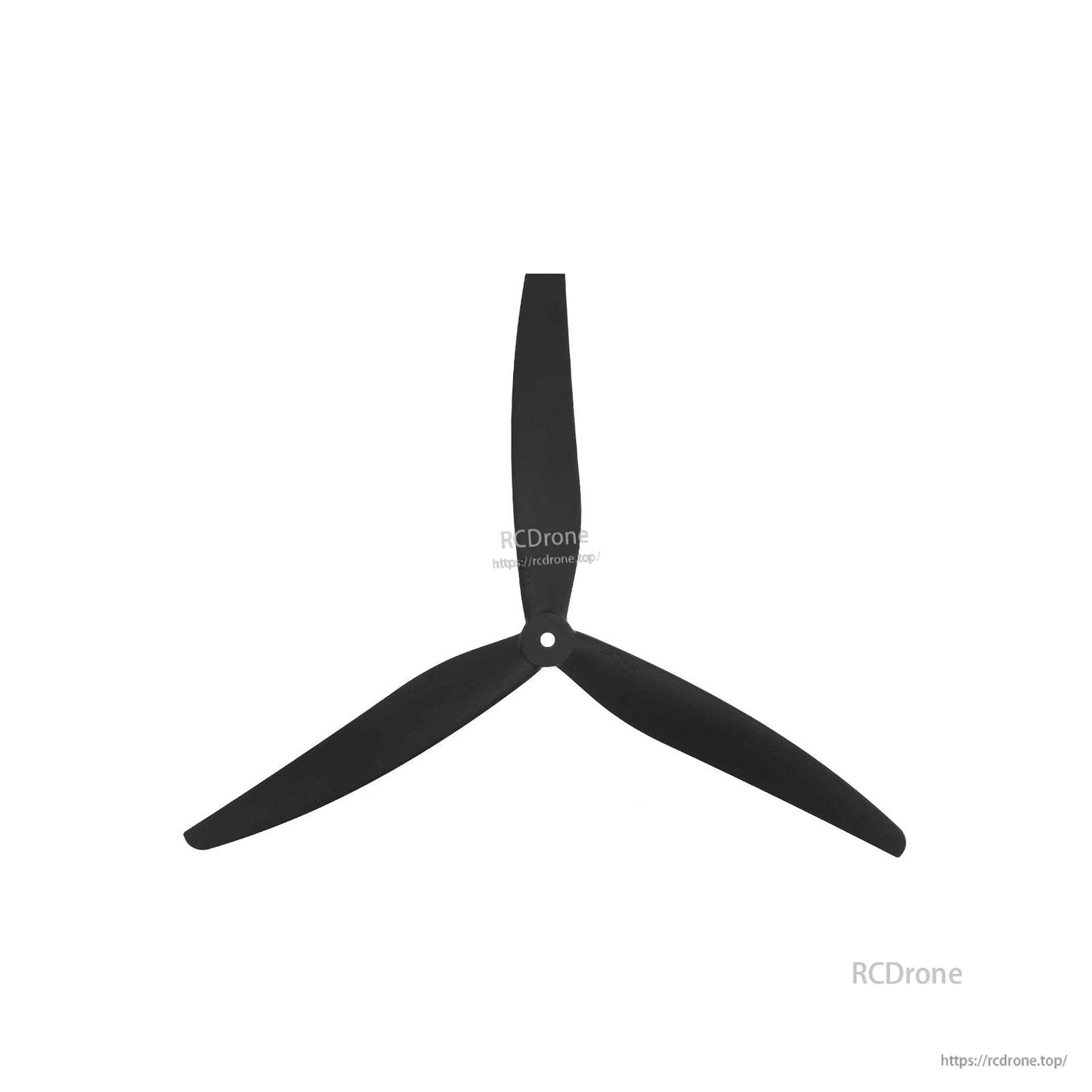 Three-blade propeller close-up with center mounting hole, black finish on white