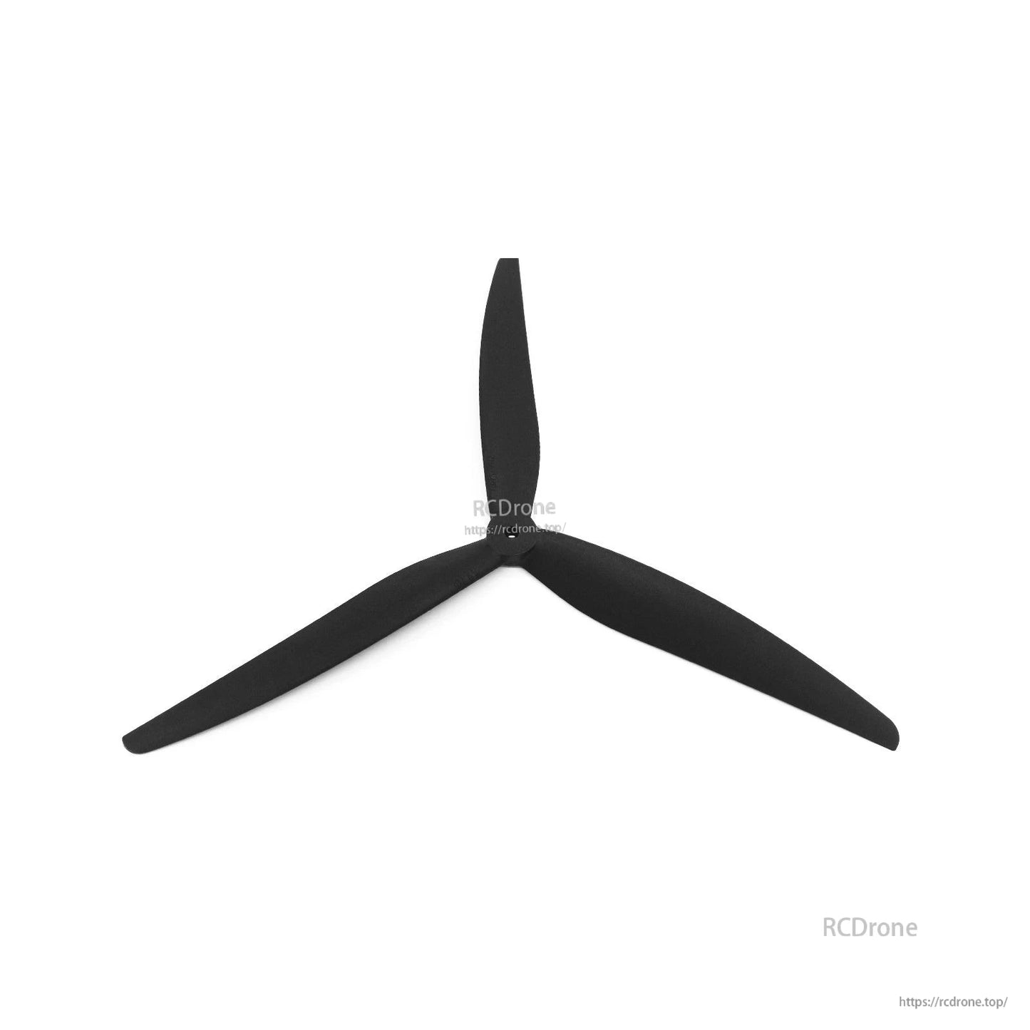 Black 3-blade drone propeller, angled view showing blade shape and hub profile
