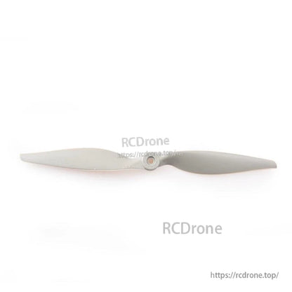 Two-blade electric APC-style propeller, top view with center mounting hole detail (watermarked image)