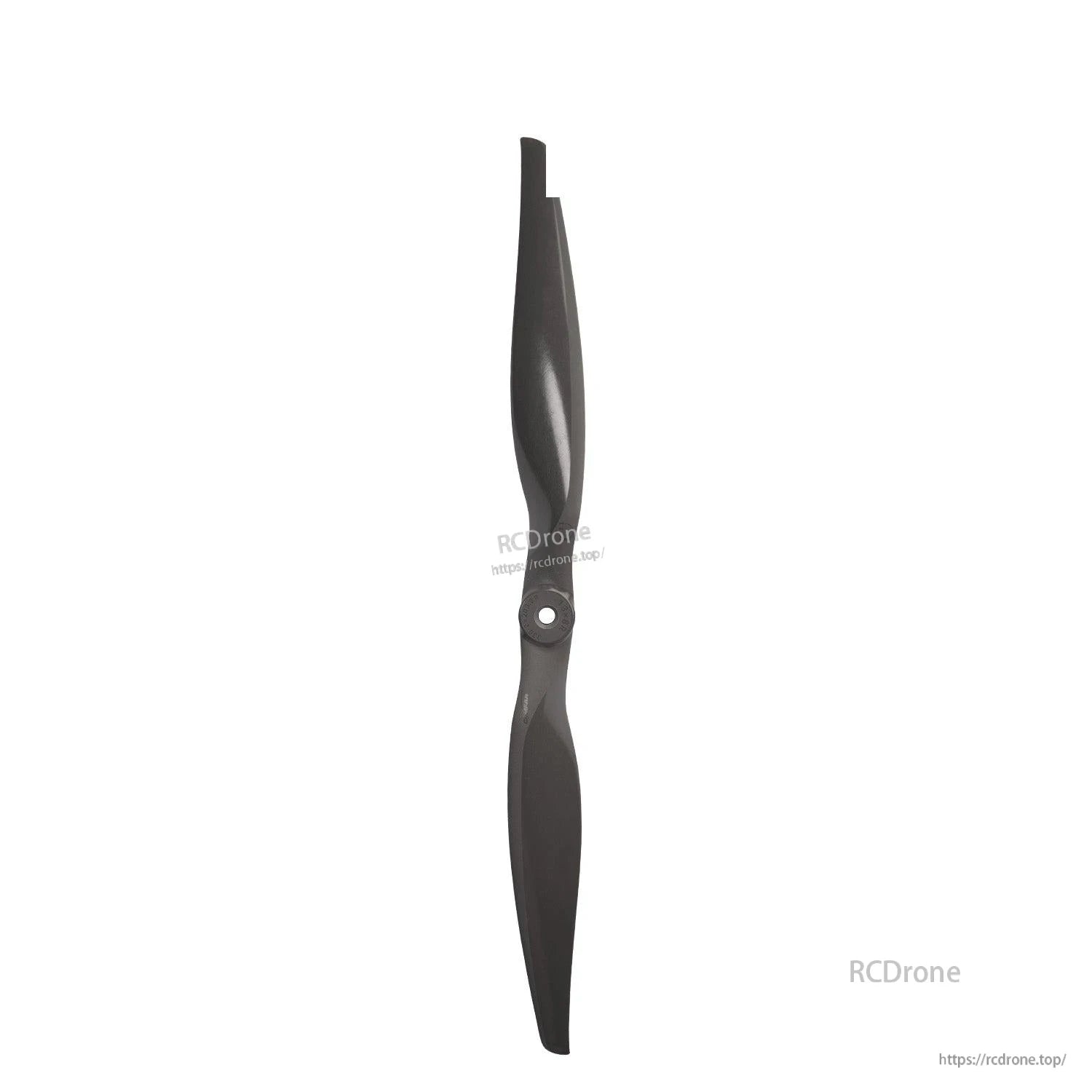 Top-down view of dark grey 2-blade propeller showing hub hole and blade outline