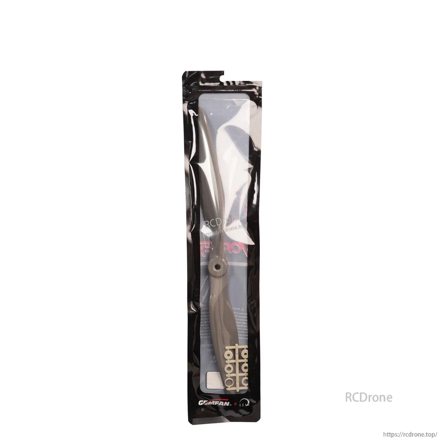 Retail packaging showing GEMFAN propeller in sealed bag with hub adapter rings included