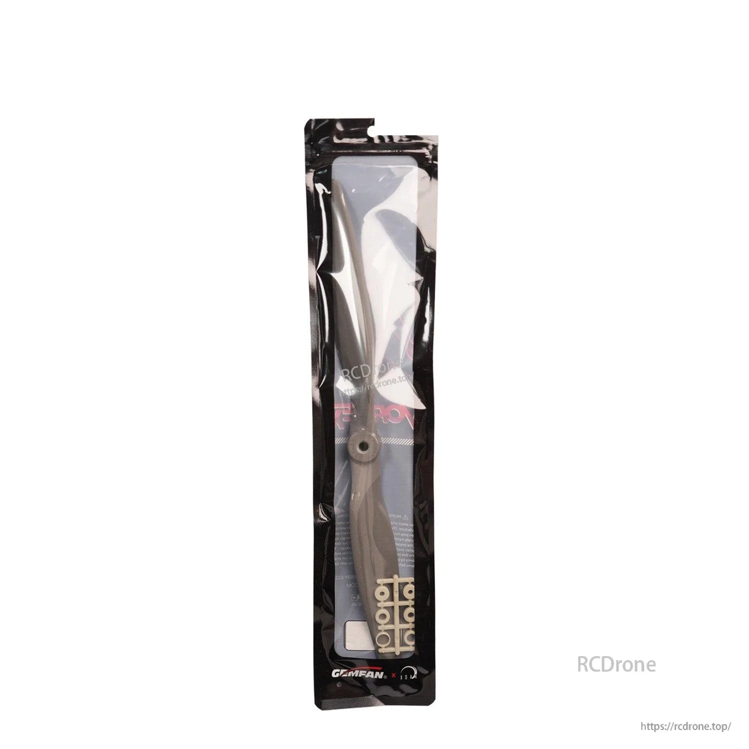 Retail packaging showing GEMFAN propeller in sealed bag with hub adapter rings included