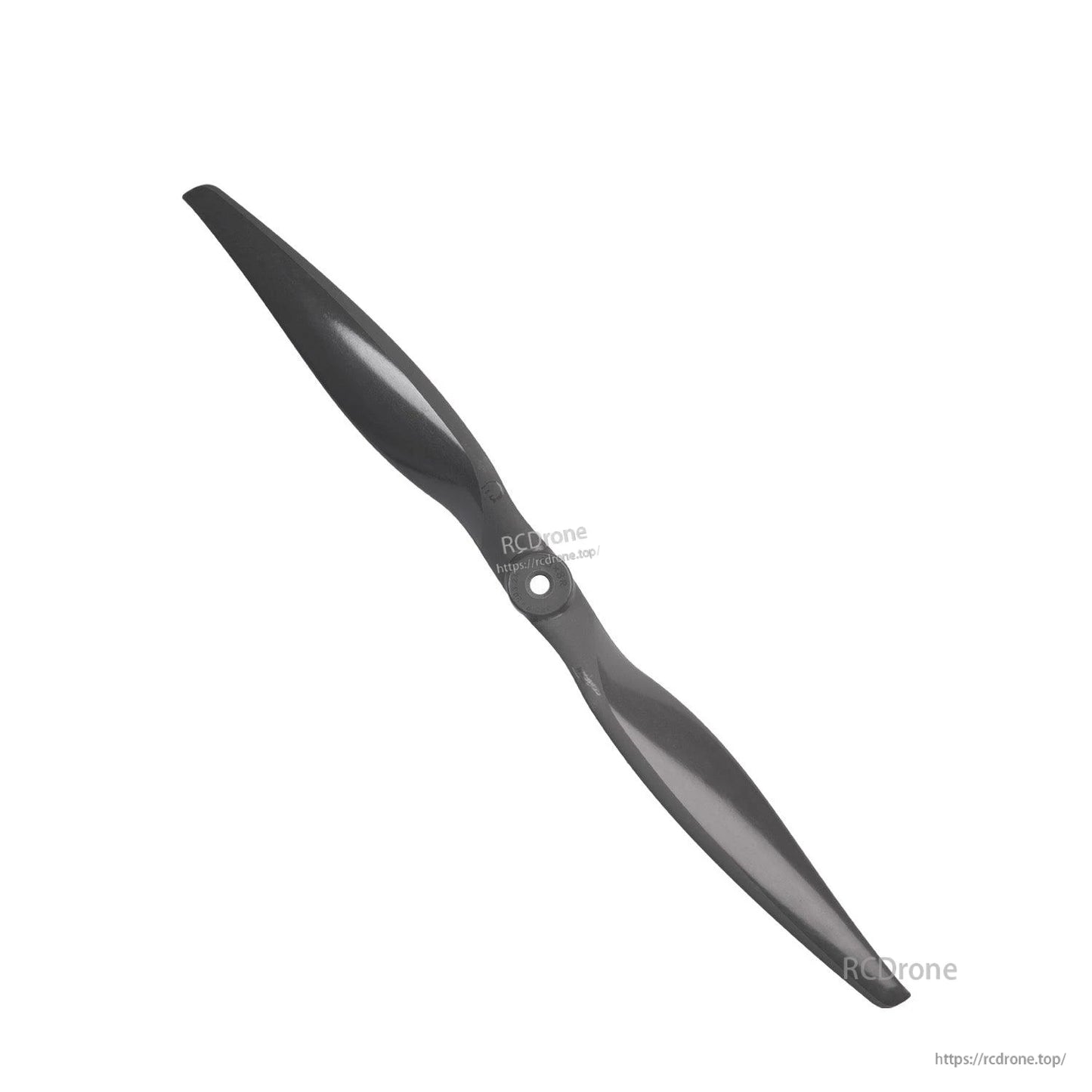 Angled view of 2-blade dark grey propeller showing airfoil curve and hub detail