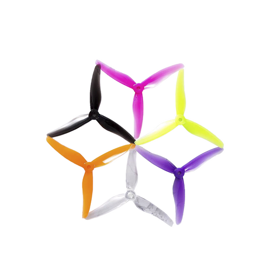 GEMFAN 51433-3 SEEKER 5 Drone Propeller, GEMFAN 51433-3 Seeker 5 tri-blade drone propellers in mixed colors including black, purple, yellow, orange, and clear