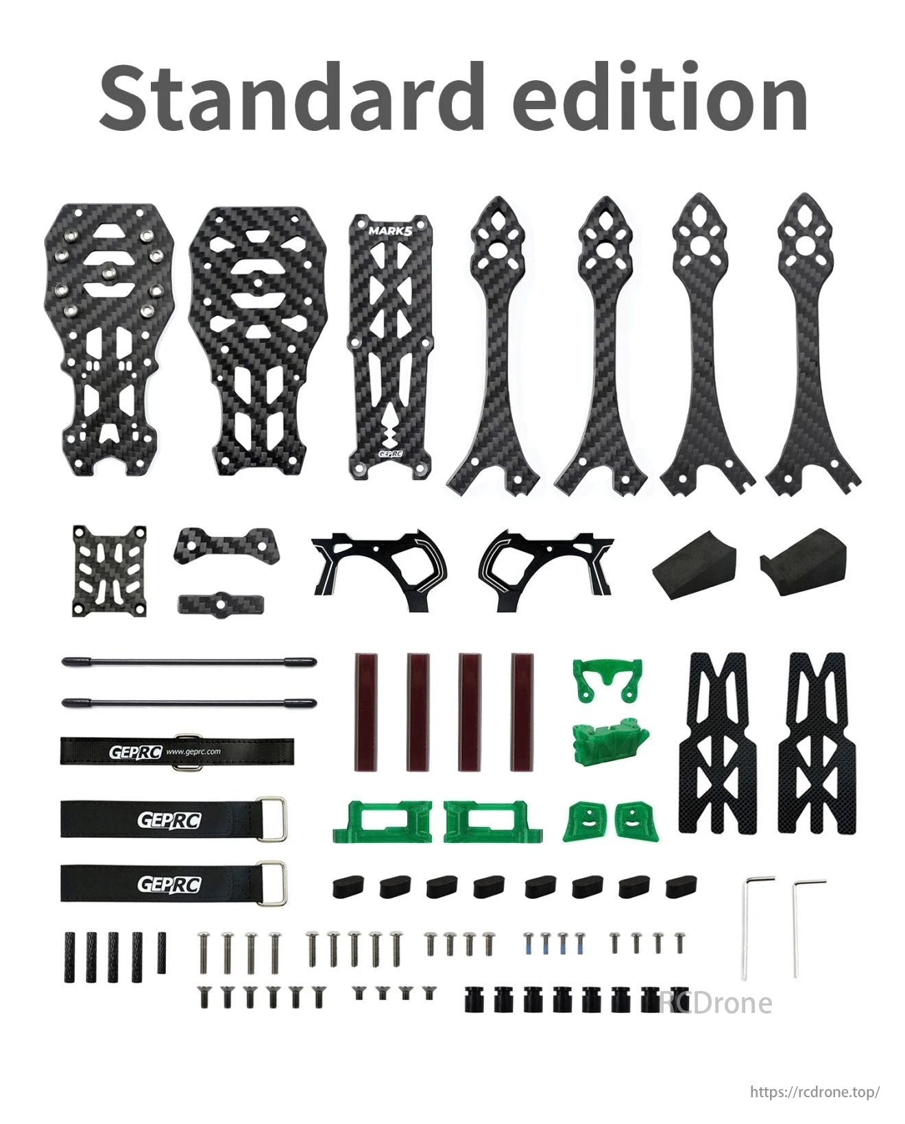 GEP MK5X Drone Frame, GEP-MK5X O3 Squashed X 225mm Wheelbase 5 Inch FPV Drone Frame components include carbon fiber parts, screws, straps, and accessories.