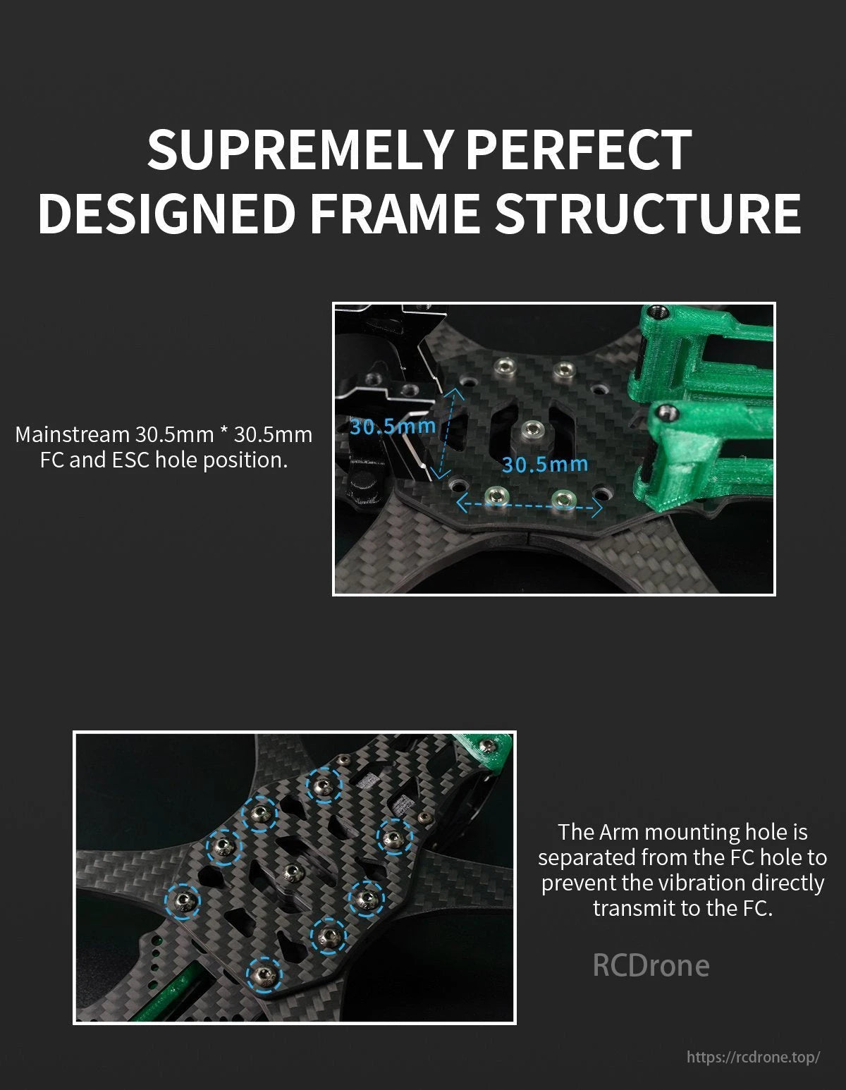 GEP MK5X Drone Frame, Perfect frame design with 30.5mm FC/ESC holes and separated arm mounting holes to prevent vibration transmission.