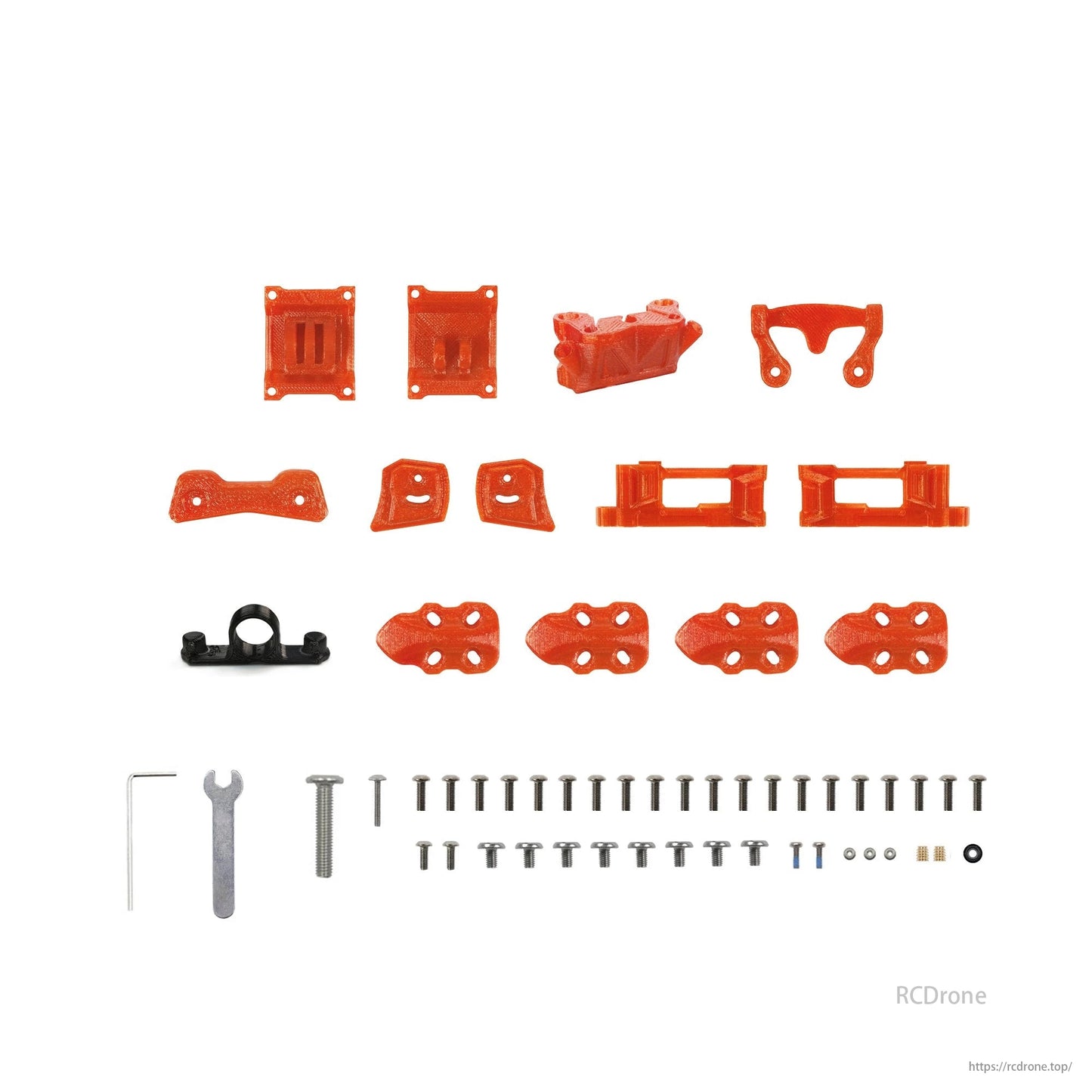 GEP-MK5X O3 Squashed X 225mm 5 Inch FPV Drone Frame kit with orange parts, screws, and tools.