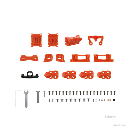 GEP-MK5X O3 Squashed X 225mm 5 Inch FPV Drone Frame kit with orange parts, screws, and tools.