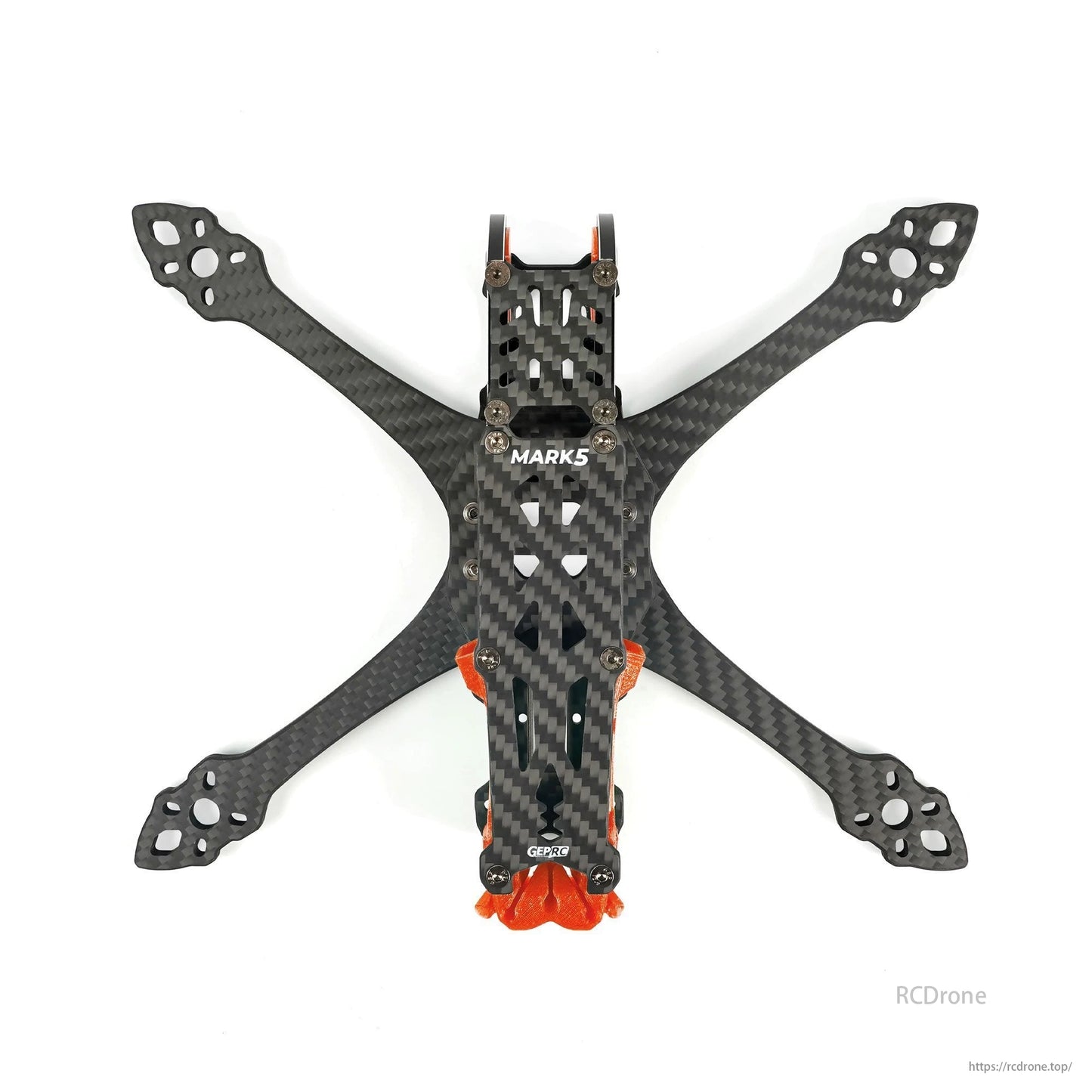 GEP-MK5X O3 Squashed X 225mm FPV Drone Frame, 5-inch, carbon fiber with orange accents.