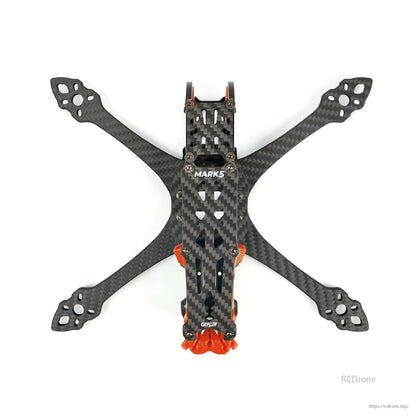 GEP-MK5X O3 Squashed X 225mm FPV Drone Frame, 5-inch, carbon fiber with orange accents.