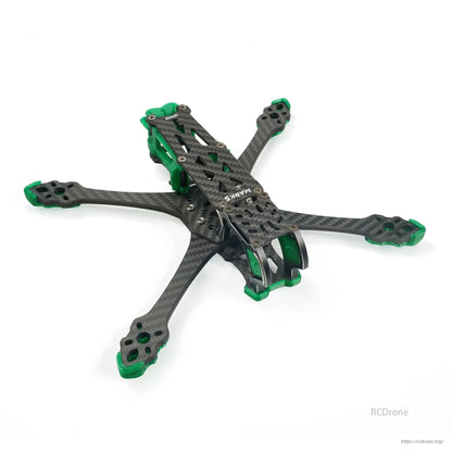 GEP-MK5X O3 drone frame features squashed X design, carbon fiber, green accents, "MARKS" plate, and motor mount holes.