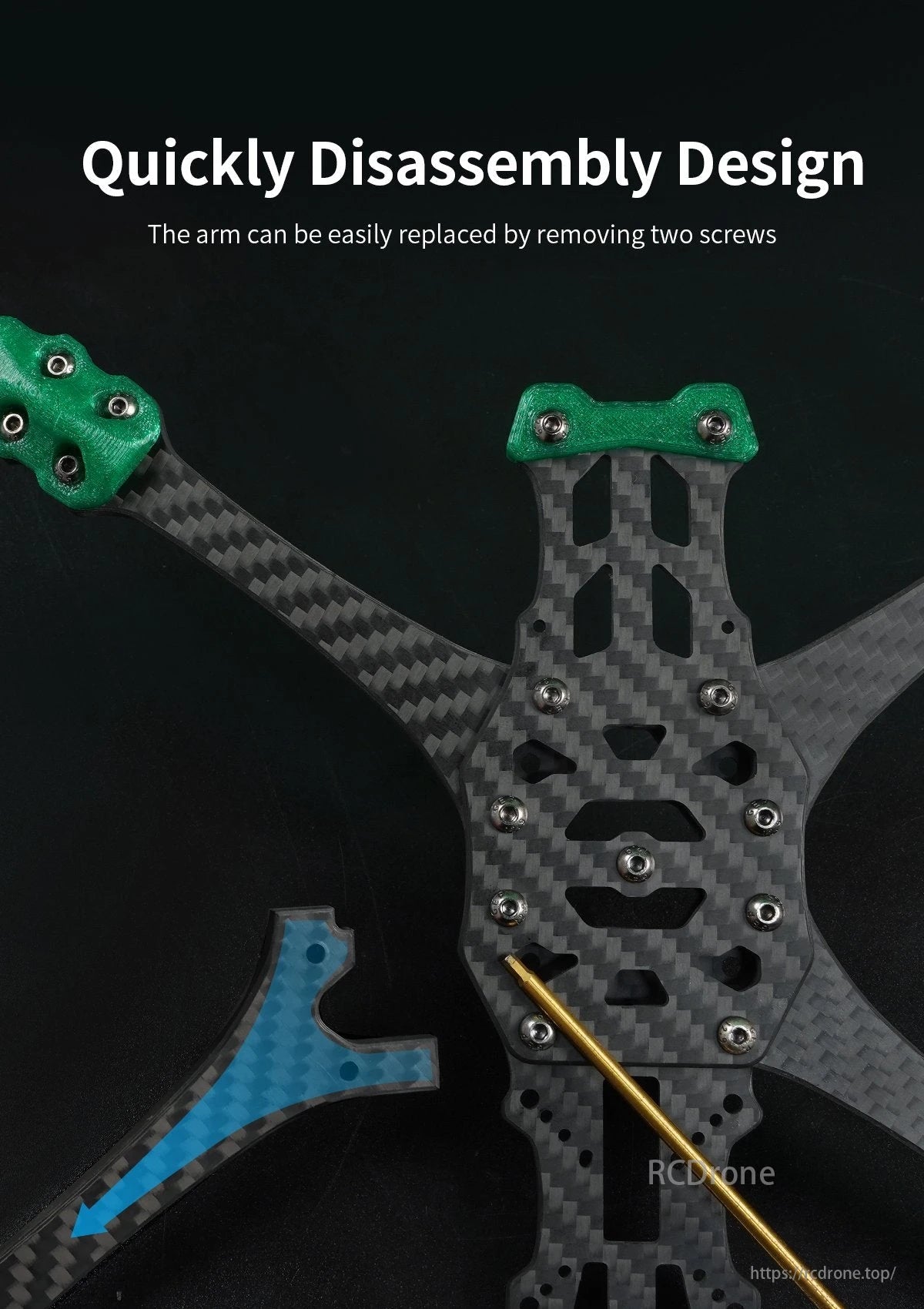 GEP MK5X Drone Frame, Drone frame enables easy arm replacement by removing two screws, offering quick disassembly and enhanced convenience.