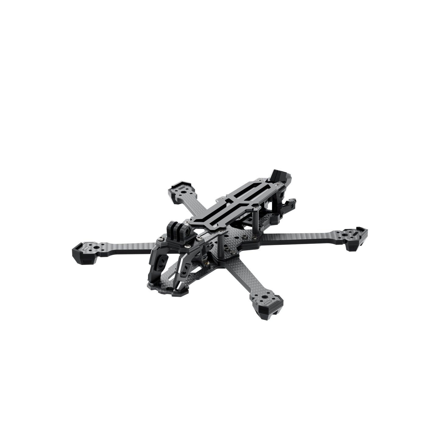 GEP-Vapor-X5 FPV Frame, GEP-Vapor-X5 carbon fiber FPV drone frame with X arms, front camera cage, and raised top plate