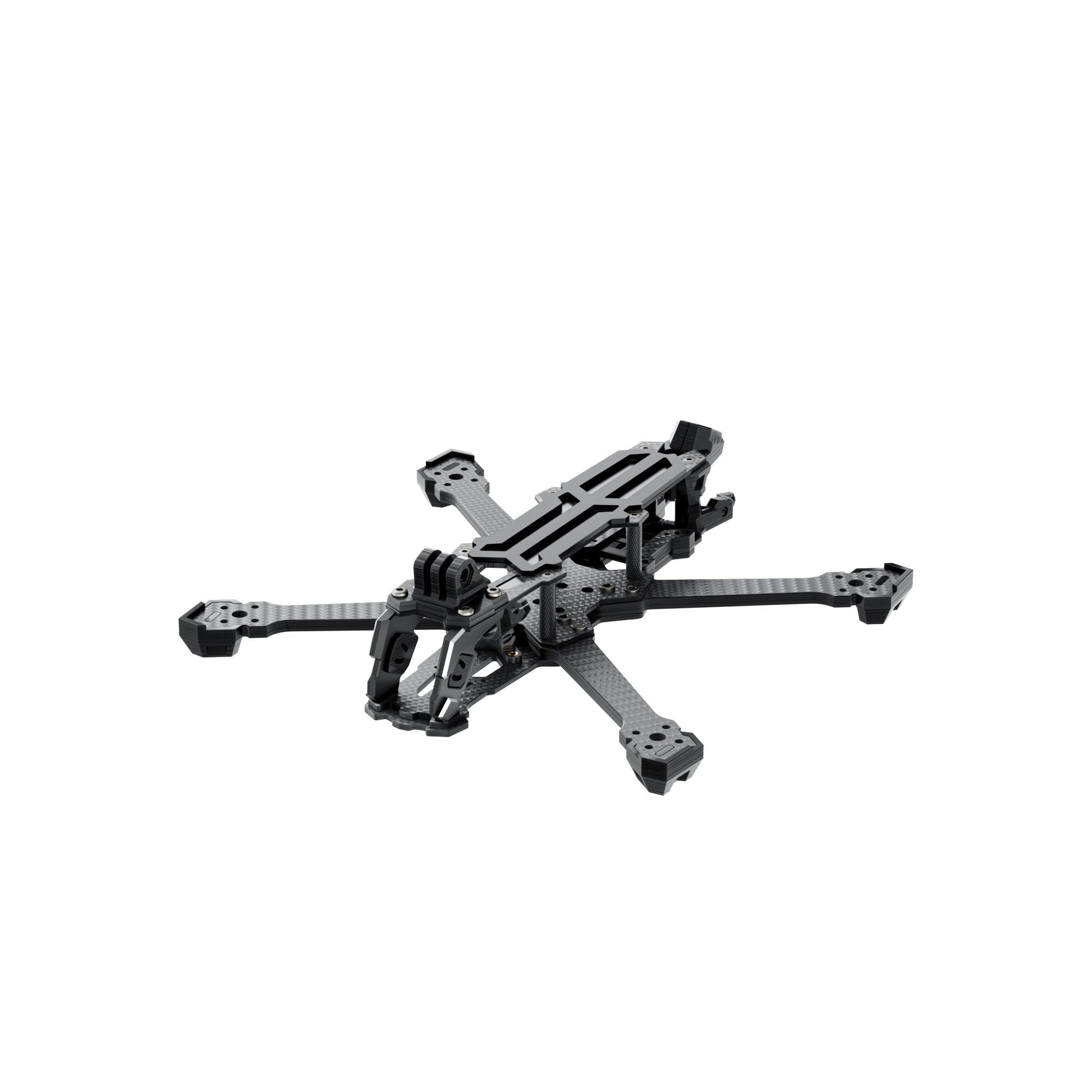 GEP-Vapor-X5 FPV Frame, GEP-Vapor-X5 carbon fiber FPV drone frame with X arms, front camera cage, and raised top plate