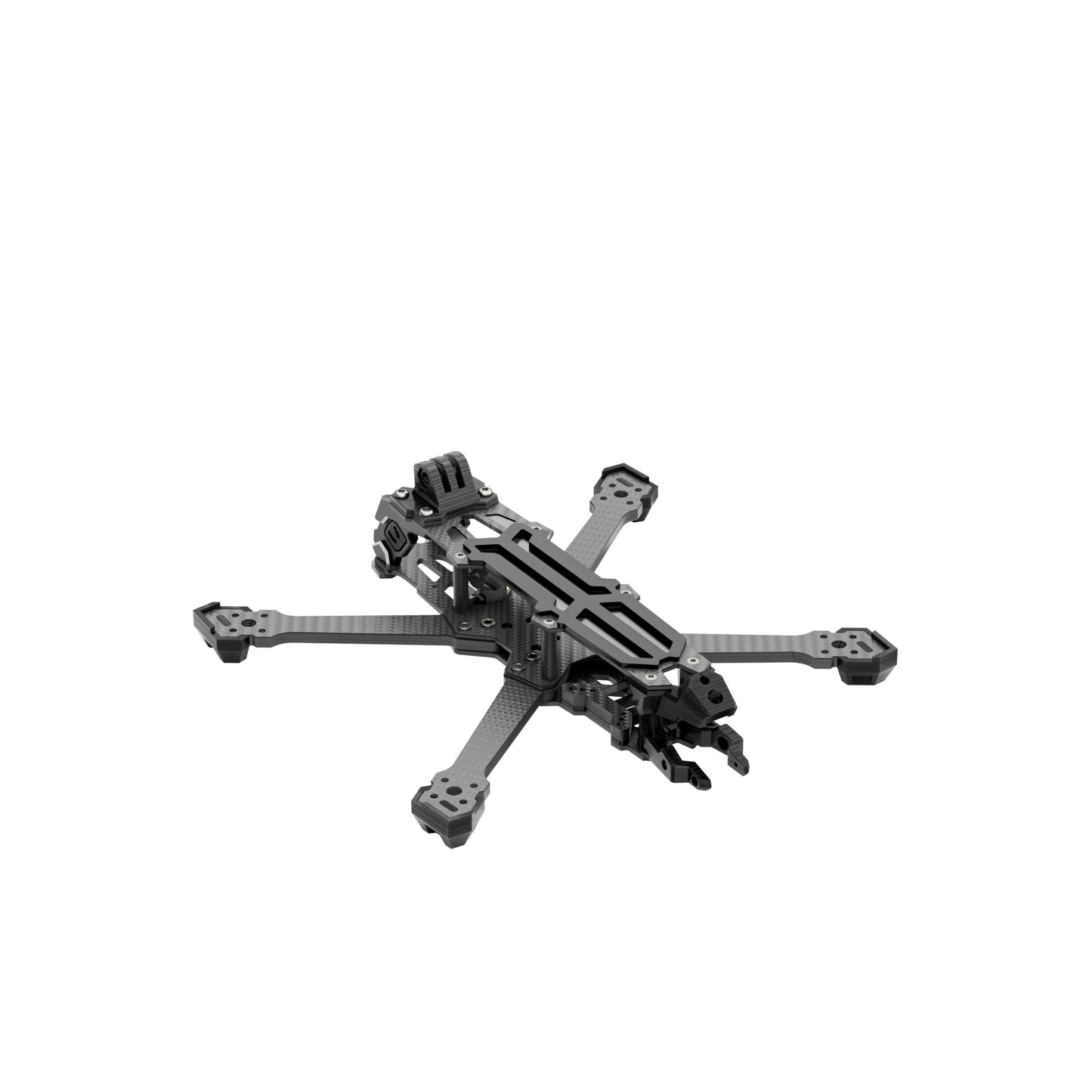 GEP-Vapor-X5 FPV Frame, GEP-Vapor-X5 FPV carbon fiber quadcopter frame in X layout with extended arms, top plate, and front camera mount