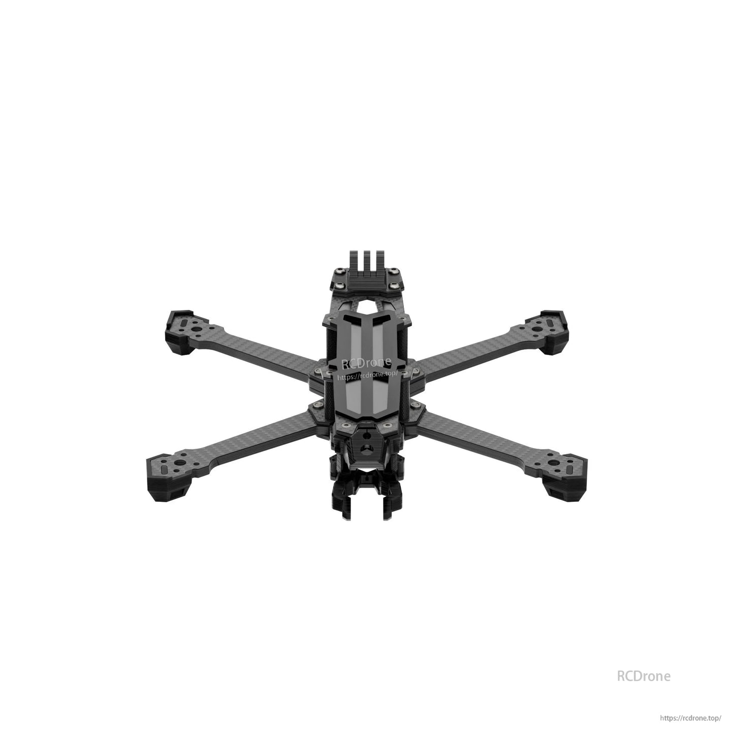 GEP-Vapor-X5 FPV Frame, Top view of GEP-Vapor-X5 FPV drone frame with carbon fiber X arms, motor mount holes, and top plate