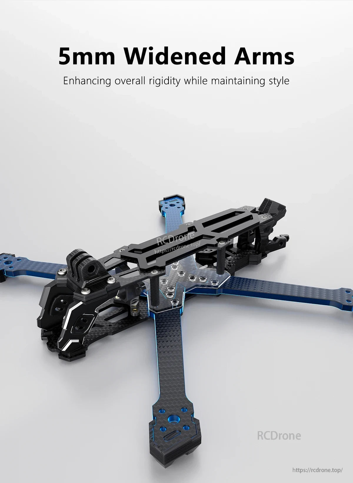 GEP-Vapor-X5 FPV frame with 5mm widened carbon-fiber arms, top plate, and camera mount hardware