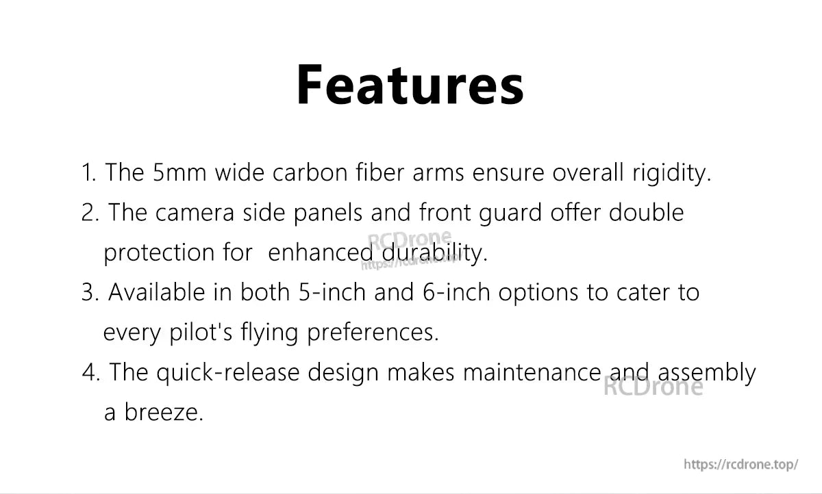 GEP-Vapor-X5 FPV frame features list: 5mm carbon fiber arms, camera side panels, 5- and 6-inch options, quick release