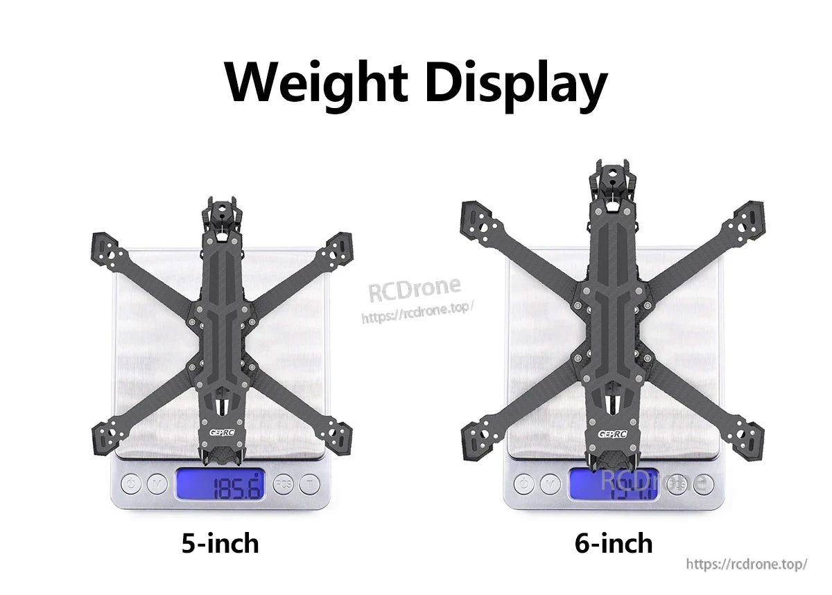 GEP-Vapor-X5 FPV frame on a digital scale showing 185.6 g (5-inch) and 194.1 g (6-inch) weights